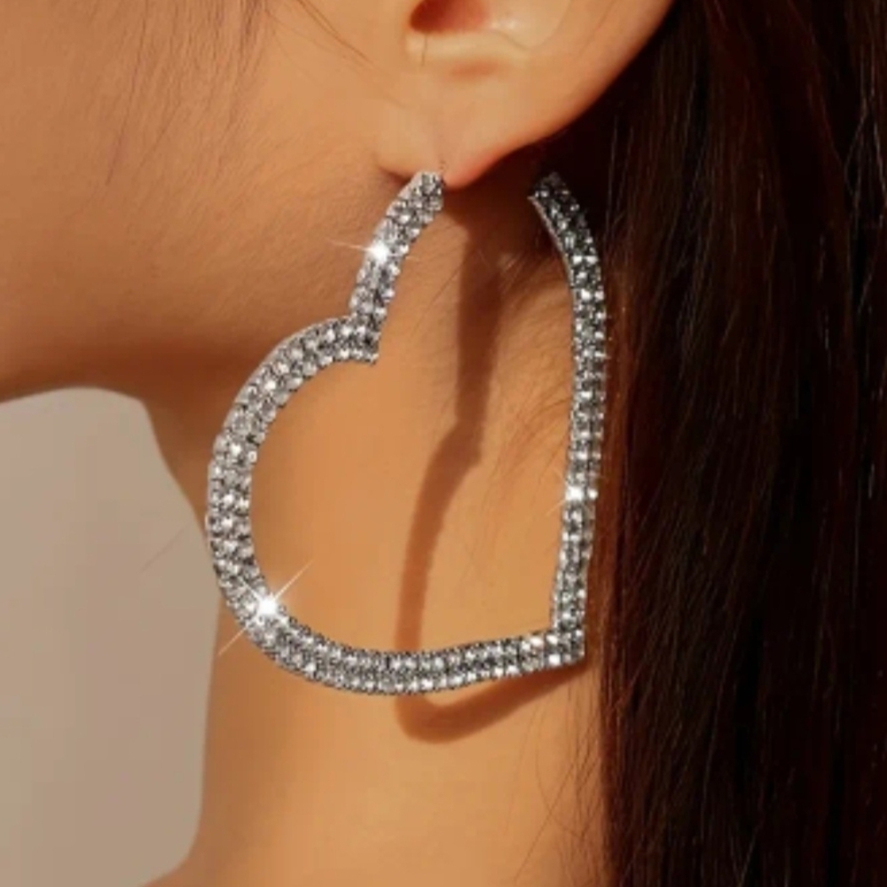 Silver-Tone Rhinestone Heart Hoop Earrings